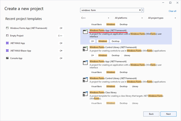 Windows Form new project